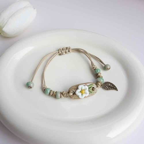 Handcrafted Bohemian Ceramic Flower Bracelet with Leaf Charm, Adjustable Beaded Bracelet for Women, Unique Handmade Jewelry Gift for Nature Lovers - style: Boho