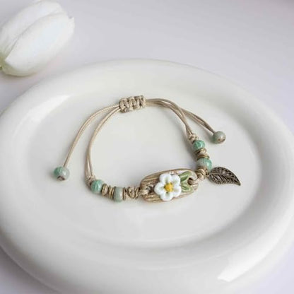 Handcrafted Bohemian Ceramic Flower Bracelet with Leaf Charm, Adjustable Beaded Bracelet for Women, Unique Handmade Jewelry Gift for Nature Lovers - style: Boho