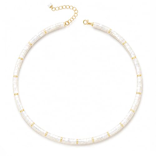 Natural Heishi Gemstone Choker Necklace for Women, Adjustable 15"+2" Beaded Layering Necklace, Coastal Beach Jewelry Gift for Her - color: Mother of Pearl