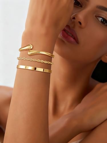 14K Gold Plated Stackable Bangle Bracelets for Women | Dainty Cuff Bracelets, Stackable for Women, Waterproof Bracelet Stack, Gold Jewelry Gifts Trendy Adjustable Accessories - color: 3-layer-H-Gold