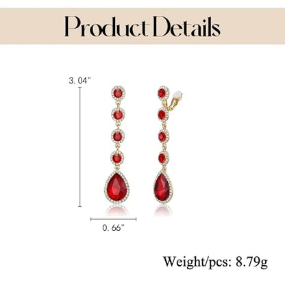 EleQueen Women's Wedding Crystal Teardrop Pear Shape 3 Inch Clip on Long Dangle Earrings for Bride Bridesmaid, Jewelry for Party Prom/Anniversary - color: Red Gold-Tone