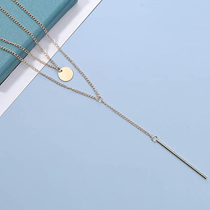 Bohemia Layered Bar Coin Necklace Gold Vertical Bar Y Lariat Necklace Long Disc Pendant Necklace Chain Circle Necklace Jewelry for Women
