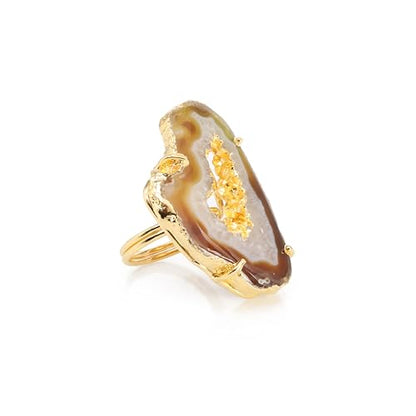 Ring Geode Druzy Slice Unique And Stylish Statement Gold Plated Jewelry Natural Gemstone Stone size 25-35 mm Approximately Adjustable Shank US Scale Size 6-9 - color: Biege