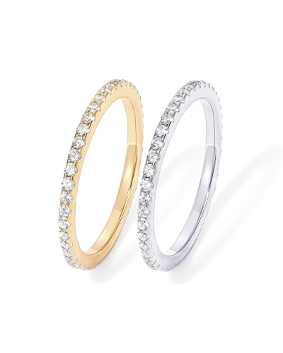PAVOI 925 Sterling Silver Wedding Band for Women, 14K Gold Plated CZ Ring | Dainty Stackable Rings for Women, Cubic Zirconia Eternity Rings - color: 2-Pack White Gold & Yellow Gold