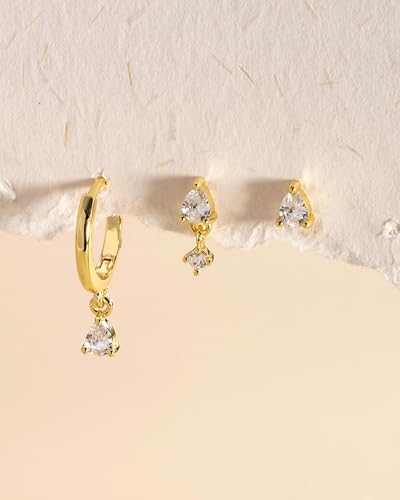 3 Pairs Earring Stacks, Gold Earring Set Jewelry Gift for Women | Small, 14K Gold/White Gold/Black/Rose Gold Plated, Hypoallergenic, Her, Everday, Stackable, Simple, 3 Holes - color: Gold-Teardrop