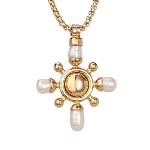 14K Gold Plated Two Sides Carved Stone Heart Shape Necklace for Women Love Pendant Necklace Jewelry for Daily and Gifts - color: Cross&pearl
