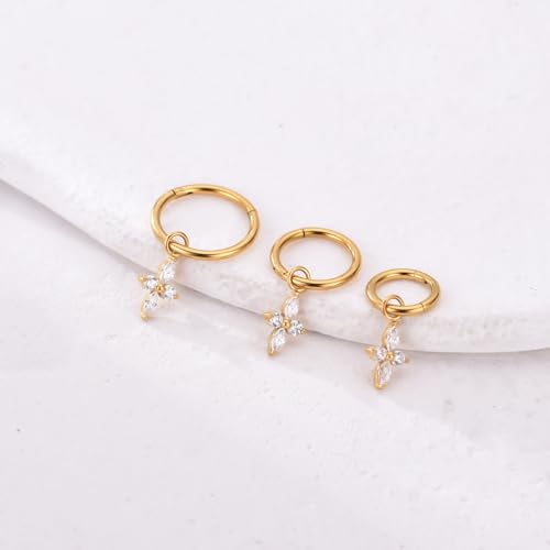 Ourania 16G Gold Stainless Steel Zircon Dangle Huggie Hoop Rook Piercing Helix Hoop Earring Tragus Hoop Cartilage Piercing for Women - color: Flower Gold 2PCS, size: 1.2*10mm 2pcs