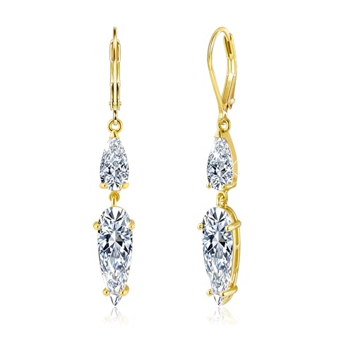 ALEXCRAFT Silver Long Teardrop Dangle Earrings for Women Hypoallergenic Cubic Zirconia Drop Leverback Earrings Trendy CZ 2-Stone Long Crystal Teardrop Dangle Earings for Jewelry Gifts - color: Gold