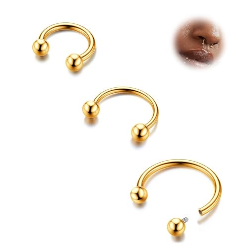 G23 Titanium 14/16/18/20G Septum Rings Horseshoe Nose Ring Jewelry | 2/3Pcs Circular Barbell Spike Lip Body Piercing Jewelry Conch Helix Tragus Earring Silver/Black 8/10/12mm 14K Gold Plated - color: Gold-3pcs, size: Balls-3pcs-14g-8/10/12mm