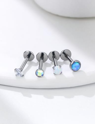 16G 18G 20G Threadless Flat Back Nose Ring Studs Earrings 316L Surgical Steel Tragus Helix Cartilage Earrings Medusa Labret Lip Rings Piercing Jewelry For Women Men Opal CZ 2mm 3mm - style: 18G-8MM Length-Top 3mm