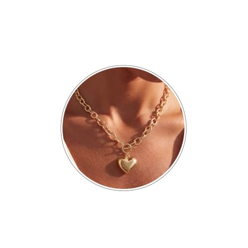Chunky Gold Necklace for Women | 14K Gold Plated Hammered Heart Pendant O-Link Chain Necklace with Toggle Clasp, Waterproof Statement Jewelry Gift for Her - color: Dainty Gold Heart Necklace