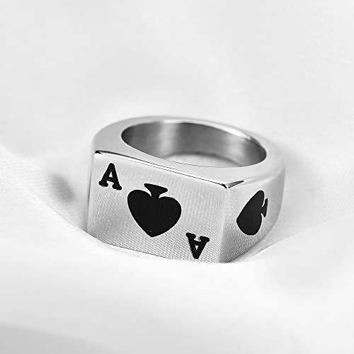 VQYSKO 14K Gold Plated Square Signet Ring | Stainless Steel Band for Men - color: Silver Spade Ace