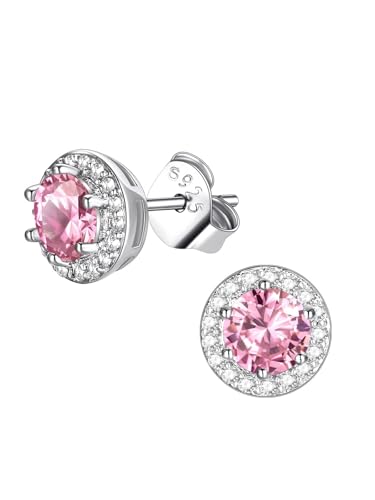 FindChic Birthstone Earrings for Women, Round/Heart/Square/Teardrop Earrings with 925 Sterling Silver Posts & Push Backs, Hypoallergenic Studs with Cubic Zirconia, 12 Months Jewelry with Gift Box - style: 10. October-Pink Tourmaline (Round)