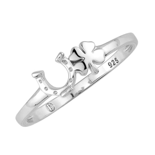 Silvershake Petite White Gold Plated 925 Sterling Silver Minimalist Chic Horseshoe and Four-Leaf Clover Lucky Casual Stackable Ring Jewelry for Women