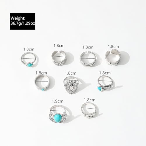 Airvess Vintage Knuckle Rings Set, Chunky Turquoise Stackable Rings, Silver Joint Finger Stacking Rings, Bohemian Western Jewelry for Women - style: 9 Pcs