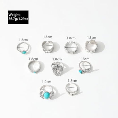 Airvess Vintage Knuckle Rings Set, Chunky Turquoise Stackable Rings, Silver Joint Finger Stacking Rings, Bohemian Western Jewelry for Women - style: 9 Pcs
