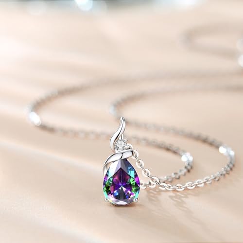 FANCIME 14K Solid White Gold Birthstone Pendant Necklace for Women with Diamond Pear Shaped Teardrop Necklace Birthday Gifts for Mom Women,Sterling Silver Chain 16" + 2" Extender - color: 06-Alexandrite