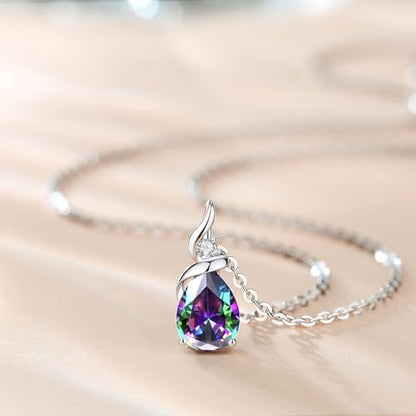FANCIME 14K Solid White Gold Birthstone Pendant Necklace for Women with Diamond Pear Shaped Teardrop Necklace Birthday Gifts for Mom Women,Sterling Silver Chain 16" + 2" Extender - color: 06-Alexandrite