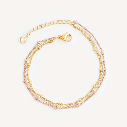 MEVECCO Dainty Chain Bracelets for Women, Layered and Charm Styles | 14K Gold Plated Brass, Select Cubic Zirconia Accents, Single and Multi-Row Structures for Refined Everyday Wristwear - style: Satellite Chain 3 Tone