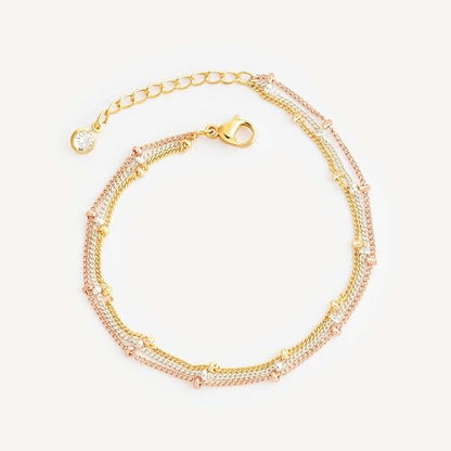 MEVECCO Dainty Chain Bracelets for Women, Layered and Charm Styles | 14K Gold Plated Brass, Select Cubic Zirconia Accents, Single and Multi-Row Structures for Refined Everyday Wristwear - style: Satellite Chain 3 Tone