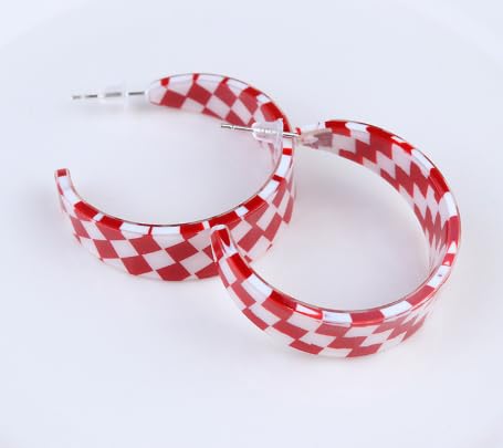 Checkerboard Hoop Earrings Lightweight 70s 80s 90s Transparent Black White Circle Acrylic Geometric Striped Checkered Dangle Drop Earrings Retro Simple Colorful C shaped Earrings for Women - color: red