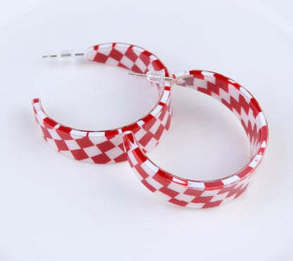 Checkerboard Hoop Earrings Lightweight 70s 80s 90s Transparent Black White Circle Acrylic Geometric Striped Checkered Dangle Drop Earrings Retro Simple Colorful C shaped Earrings for Women - color: red