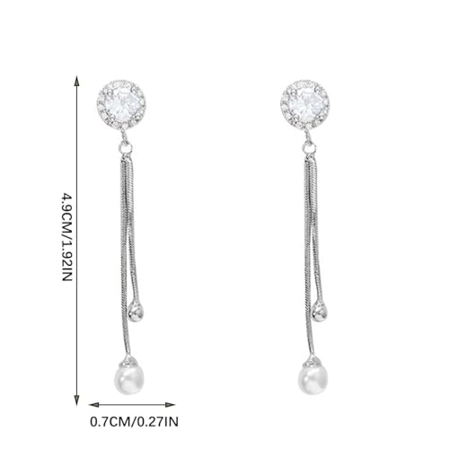 Long Tassel Pearl Drop Earrings, Silver-Tone CZ Crystal Earrings with Faux Pearl for Women, Elegant Korean Style
