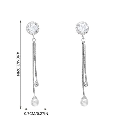 Long Tassel Pearl Drop Earrings, Silver-Tone CZ Crystal Earrings with Faux Pearl for Women, Elegant Korean Style