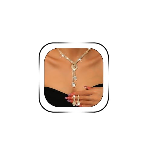 Rhinestone Jewelry Set Crystal Pearl Necklace Bracelet Earrings | Sparkly Necklace Dangle Earrings,Wedding Prom Formal Costume Jewelry Sets for Women - color: Gold4