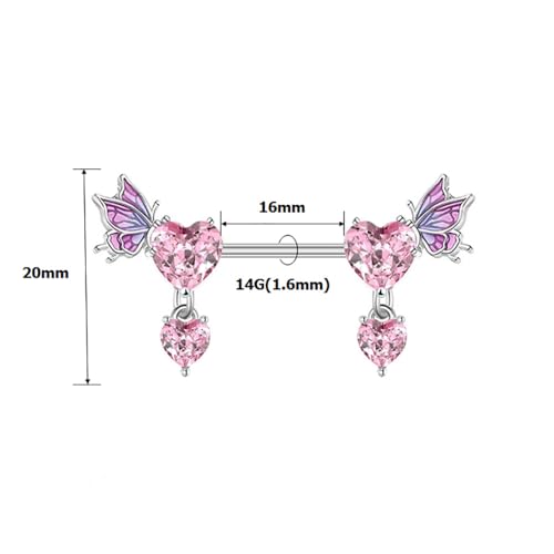 Pink Heart Nipple Rings for Women 14G 16mm Surgical Steel CZ Rhinestone Butterfly Dangling Nipple Shield Studs Body Piercing Jewelry Gifts - color: Pink