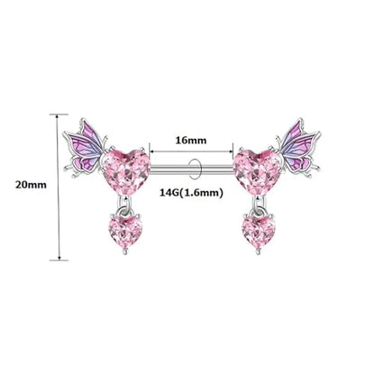 Pink Heart Nipple Rings for Women 14G 16mm Surgical Steel CZ Rhinestone Butterfly Dangling Nipple Shield Studs Body Piercing Jewelry Gifts - color: Pink