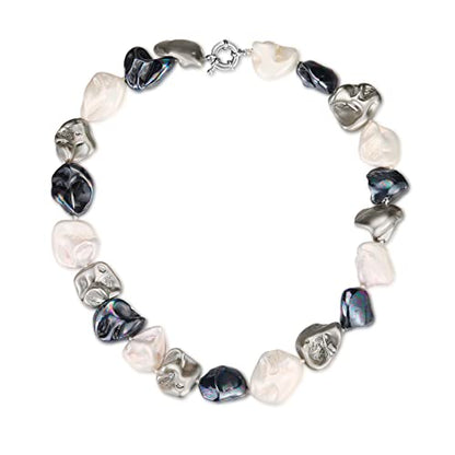 Pearl Choker Necklace for Women Boho Beaded Statement Necklace with Black White Large Freshwater Pearls Silver Fashion Jewelry Gift - color: Black white grey