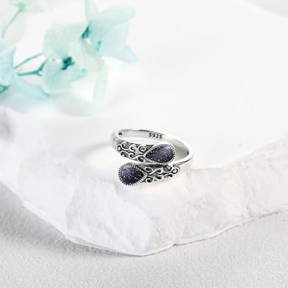 Ring for Women Sterling Silver Adjustable Band Open Rings Jewelry Gifts for Girls - style: Blue Sandstone