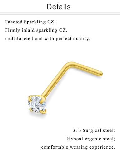 Nose Studs Surgical Steel Nose Rings Studs with Cubic Zirconia 10Pcs Tiny Nostril Rings for Women Screw Bone and L-Shaped Nostril Piercing Jewelry 24G 22G 20G 18G - color: goldtone,L shaped nose studs, size: 22g,1.5mm Clear CZ