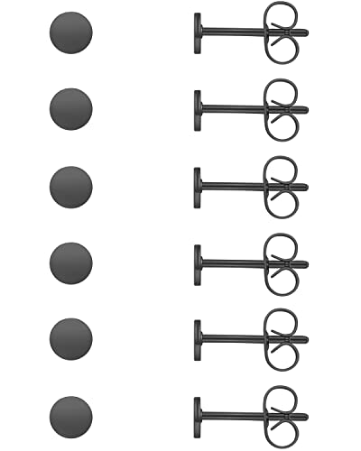 Unisex 6 Pairs Dot Stud Earrings, Surgical Steel Gold Plated Black Tiny Flat Disc Stud Earrings for Women Men - color: Black-3mm