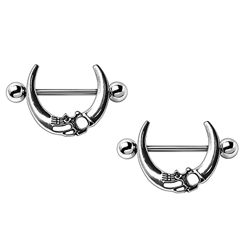 Pierced Owl 14GA Stainless Steel Gothic Skull Crescent Moon Nipple Shields, Sold as a Pair