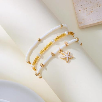 Boho Beach Anklet Set, 3-Layer White Beaded with Gold Shell and Starfish Charms, Pearl Accents