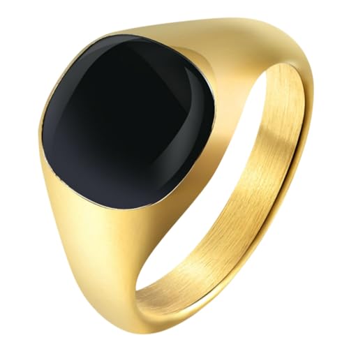 PAMTIER Stainless Steel Square Gemstone Inlaid Signet Rings for Women Men Classic Simple Band Minimalist Jewelry Gift - color: Gold