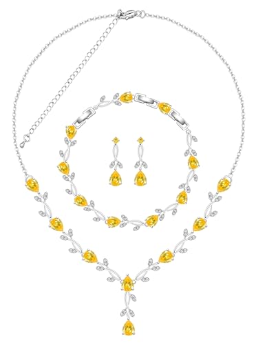 Jewelry Set for Women Bride Bridesmaid Wedding Party Prom Necklace Earrings Bracelet Set Gift for Mother Wife Friend - color: Yellow