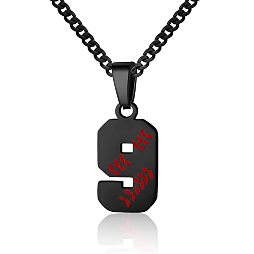 Hatti Doris Baseball Number Necklace for Men 00-99 - Jersey Number Necklace with Stainless Steel Gold Plated Chain & Baseball Charm Pendant - color: Black, style: 9