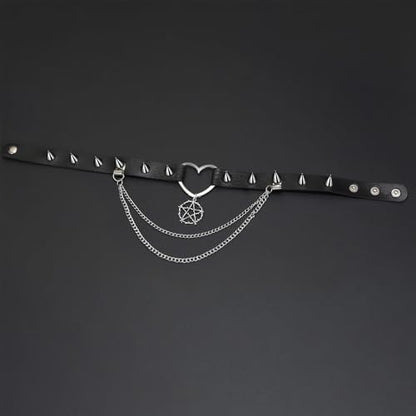 OIDEA Heart-Shaped Leather Choker for Women: Black Punk Gothic Spike Choker Collar with Five-Pointed Star Pendant Adjustable Chain Necklace Jewelry Gifts