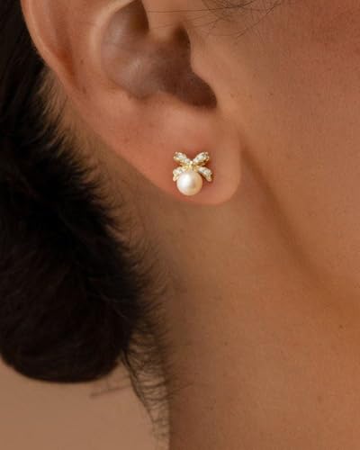 Stud Earrings for Women- 14K Gold/White Gold Plated/Black Bow Dragon Softball Snake Bat Stud Earrings - color: Bow Pearl