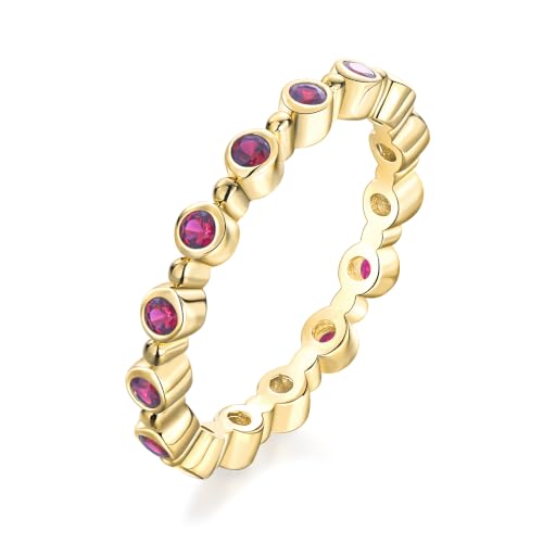 2.2mm Thin Stackable Full Eternity Rings for Women 14K Gold Plated | Cubic Zirconia/Emearld/Ruby/Sapphire Wedding Promise Band Ring for Her Valentines Anniversary Size 6-10 - color: B-Ruby