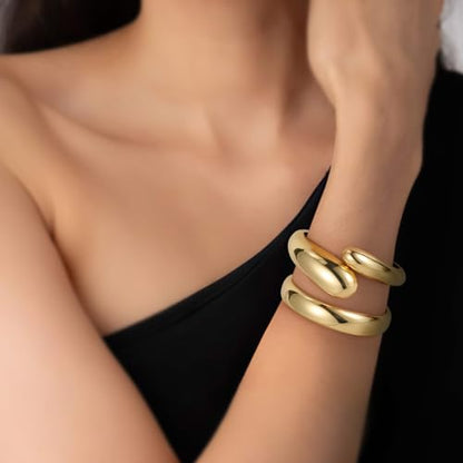Emibele Cuff Bracelet Stack, 18K Gold-plated Open Bangle Bracelet, Teardrop Hinged Thick Wrist Chunky Bracelet Set for Women, Non Tarnish Jewelry Gift, 2 Pack - color: Gold