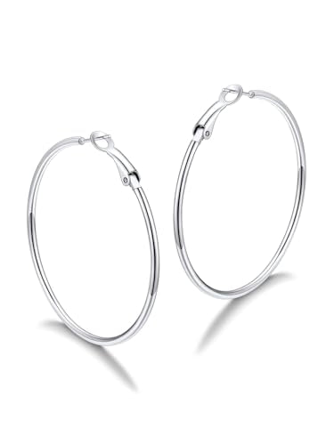 FaithHeart 2mm Thin Hoop Earrings for Women Hypoallergenic, Silver/Black/14K Gold Plated Stainless Steel Large Hoop Earrings for Women Lightweight Earring Trendy Jewelry, 20mm-100mm - color: Silver, size: 50mm/1.97"