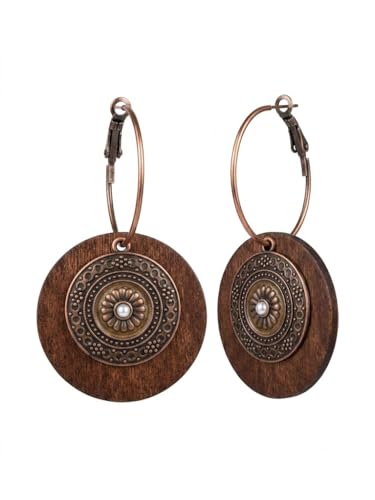 Boho Dangle Earrings for Women, Vintage Bohemian Geometric Round Hollow Drop Hoop Set, Retro Ethnic Tribal Beach Jewelry - color: Brown- Wood-1