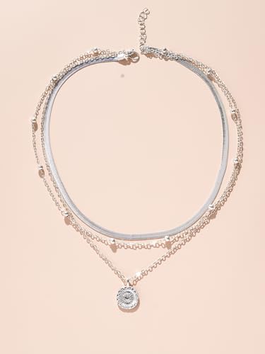 Necklaces 14K Silver Plated Three-Layer Set Shiny Ball Small Chain Circle Pendant Opulent Jewelry Lobster Clasp Adjustable Extende - style: 14K Silver 3-Layered+Bead Chain+Snake Chain