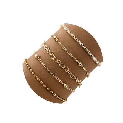 IFKM Gold Bracelets for Women, 14K Gold Plated Dainty Link Chain Bracelet set, Trendy Stackable Layered Bracelets jewelry Gifts - style: 5pcs Gold