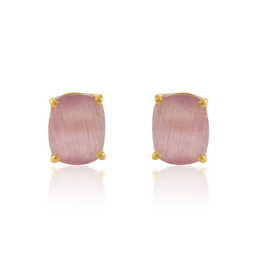 Women's 18K Gold Plated 8x10mm Princess Cut Gemstone Stud Earrings – Birthstone Jewelry for Her – Classic Cushion Studs - color: Rose Elisha