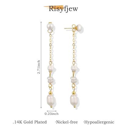 Gold Dangle Earrings for Women, 14K Threader Long Chain Drop Earrings Dangling Dainty Elegant Ear Chain with Tassel and Cubic Zirconia for Wedding Trendy Jewelry Gifts - color: Pearl Tassel
